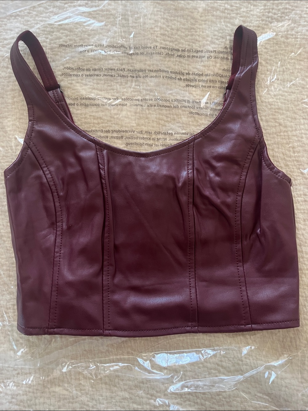 GUESS Burgundy Faux Leather Scoop Crop Camisole